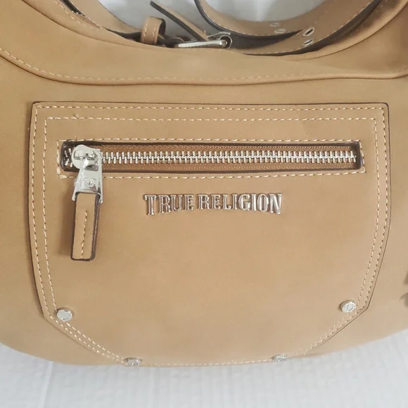 True Religion Suede PU Hobo Crossbody Bag Tan Adjustable Strap Zip Top Y2k Urban - Picture 3 of 15